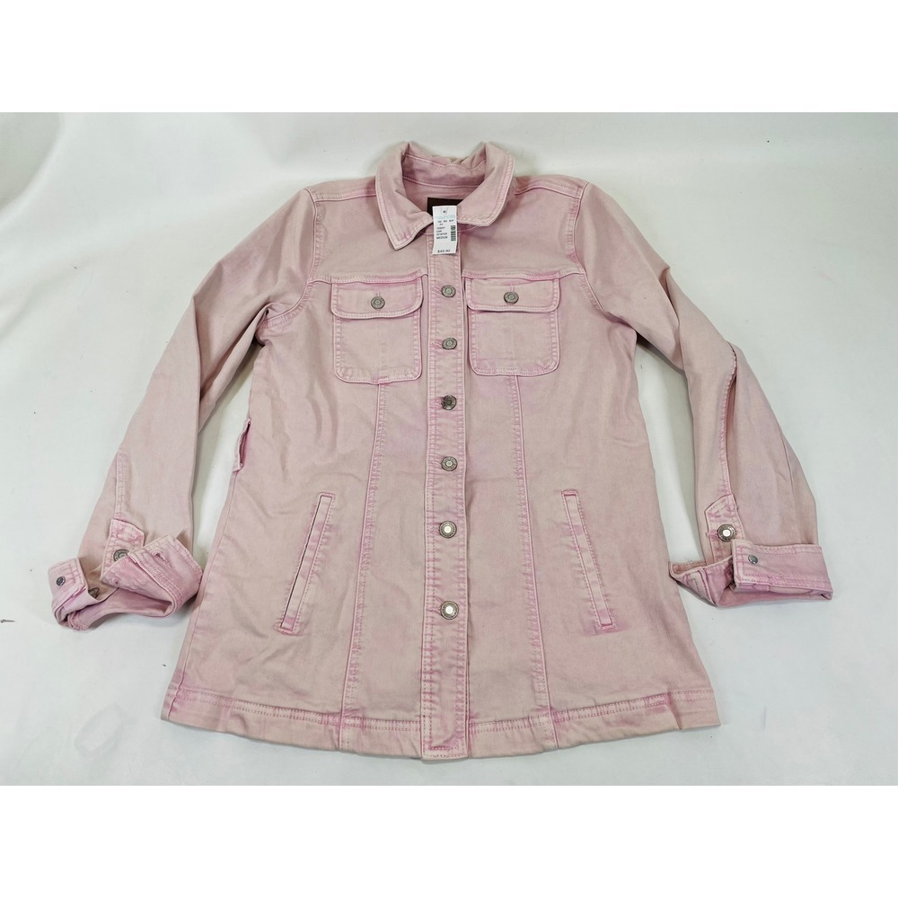 Maurices Pink Acid Wash Denim Trucker Jacket Women Medium Longline Button Up